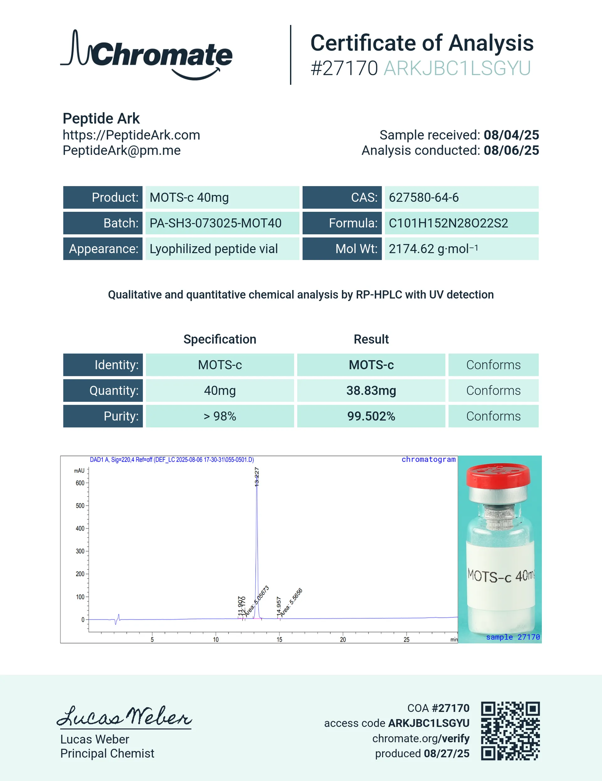 MOTS-c 40 mg - Certificate of Analysis