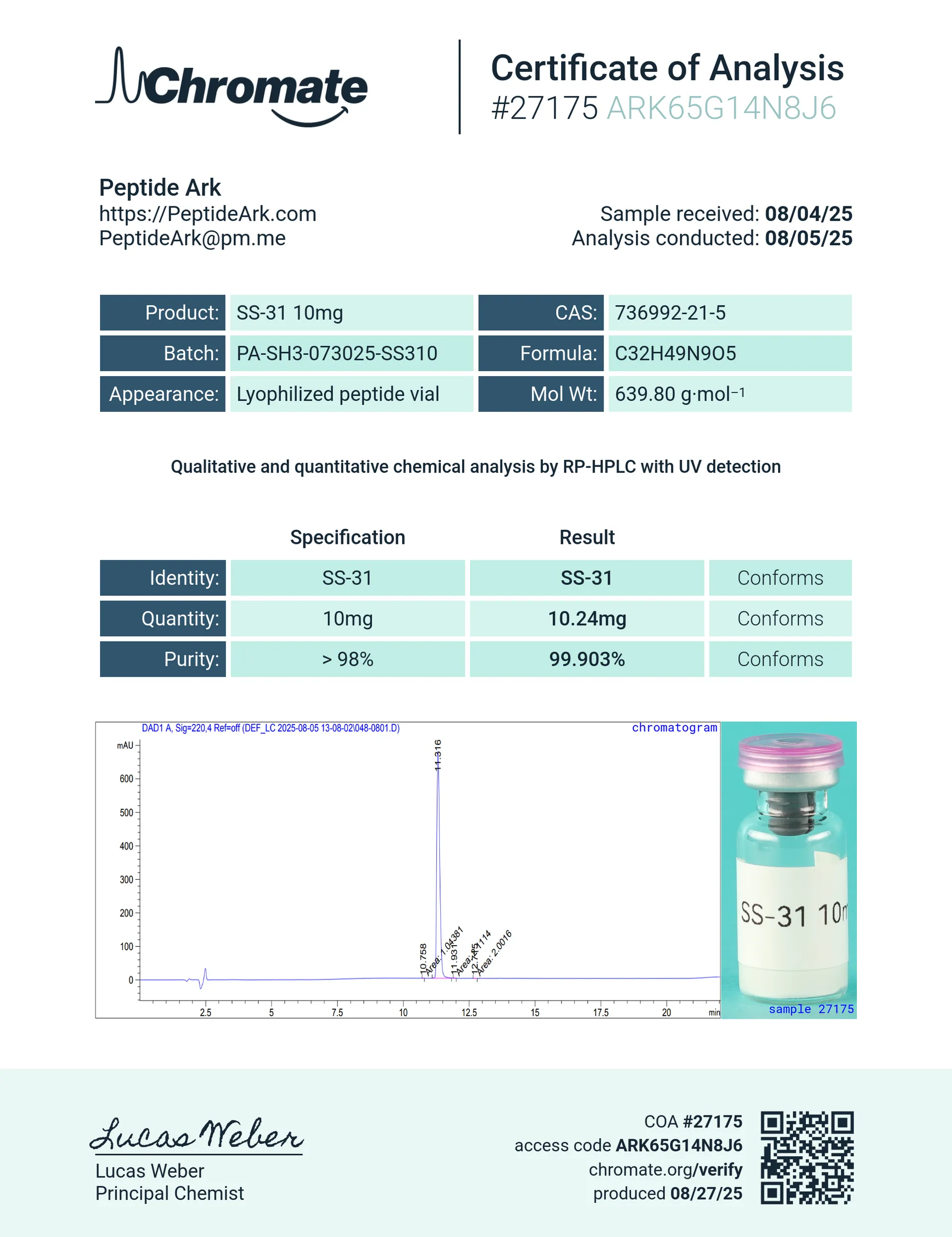 SS-31 10 mg - Certificate of Analysis
