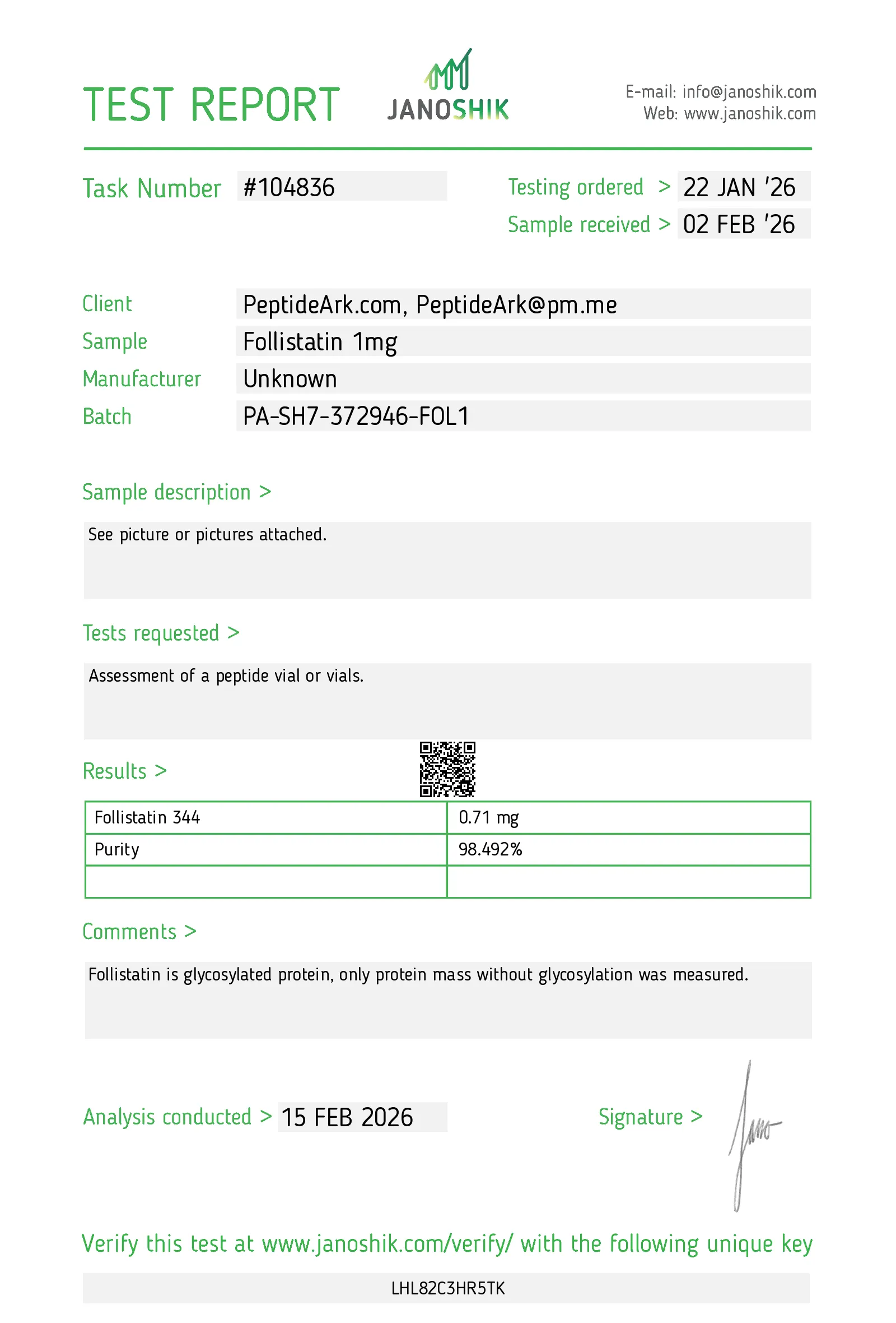 Follistatin 1mg - Certificate of Analysis