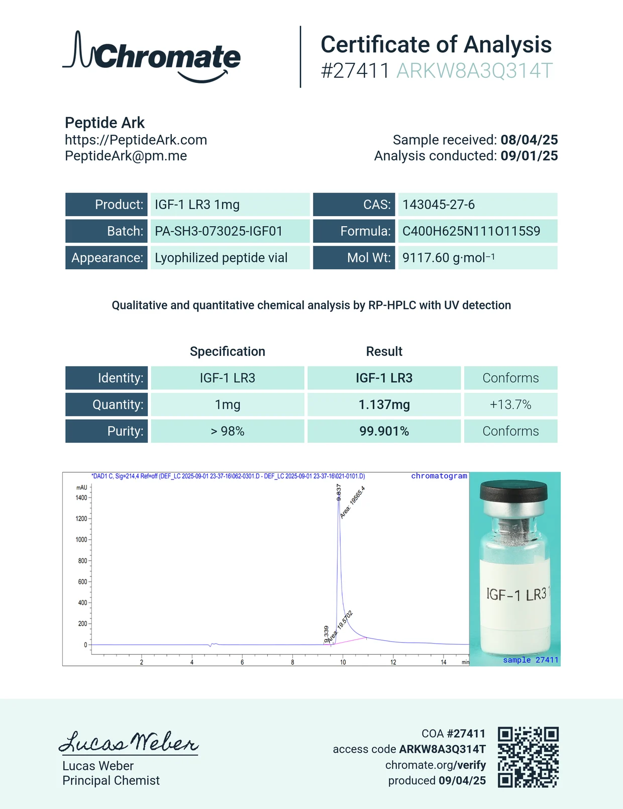 Chromate Certificate of Analysis - IGF-1 LR3 1mg