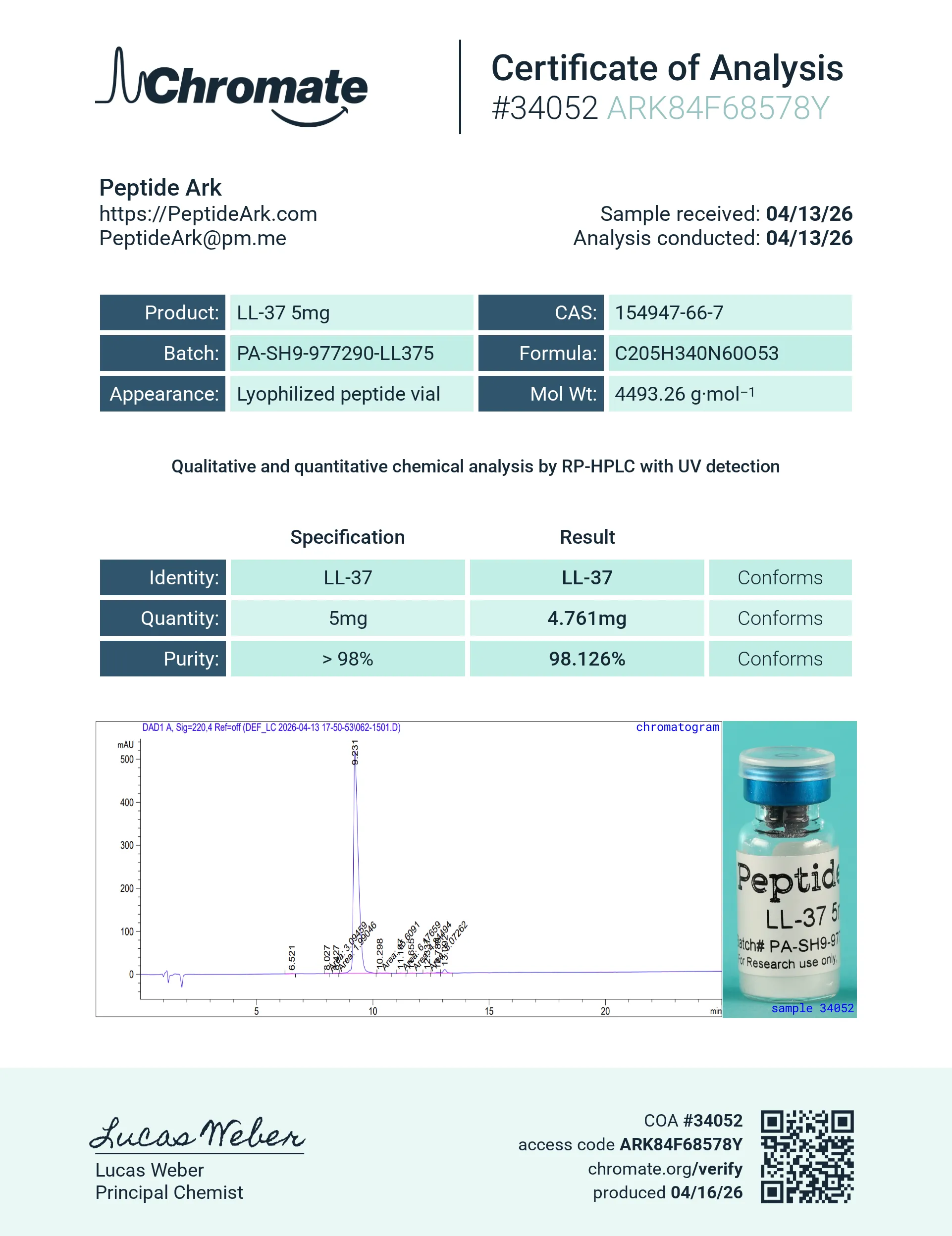 LL-37 5 mg - Certificate of Analysis
