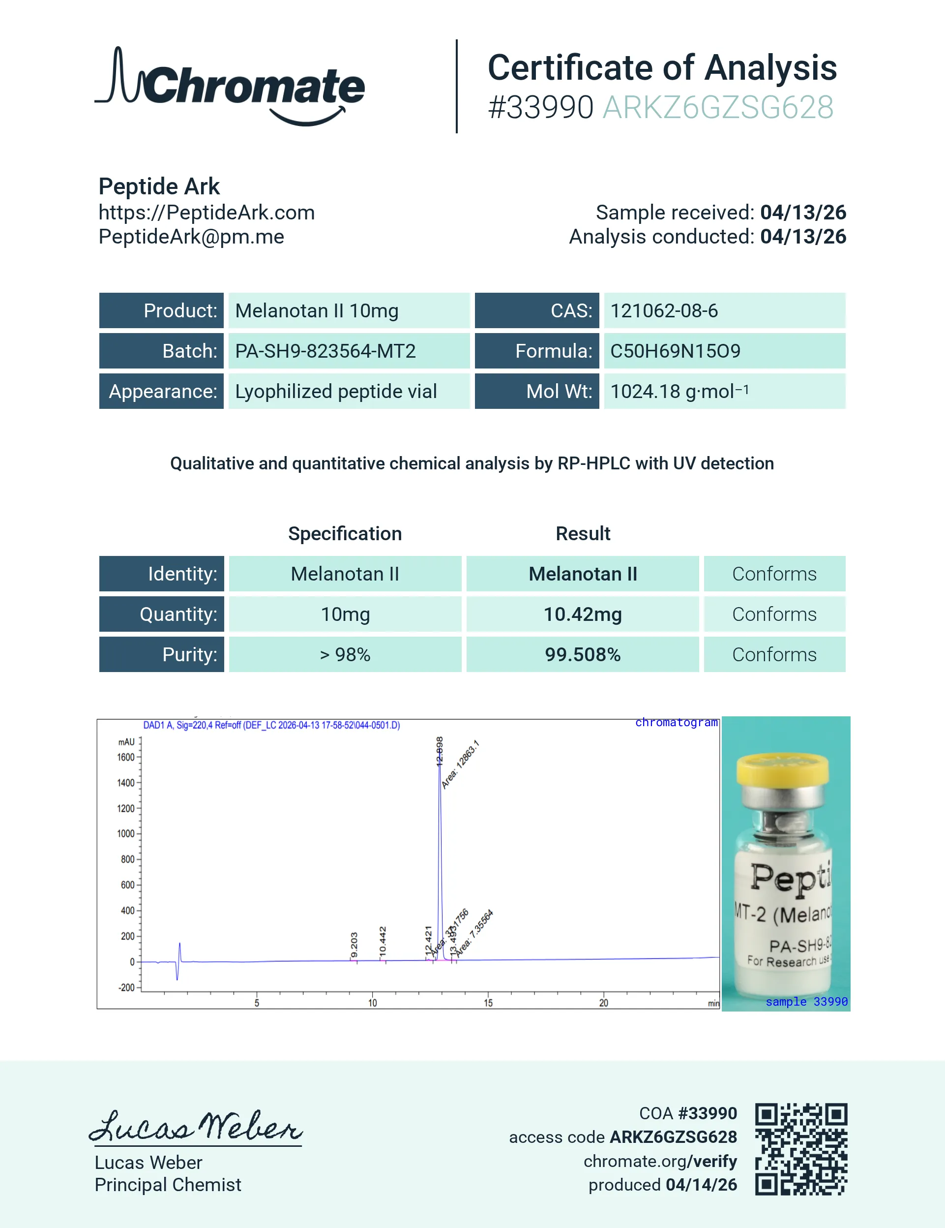 Melanotan II 10 mg - Certificate of Analysis