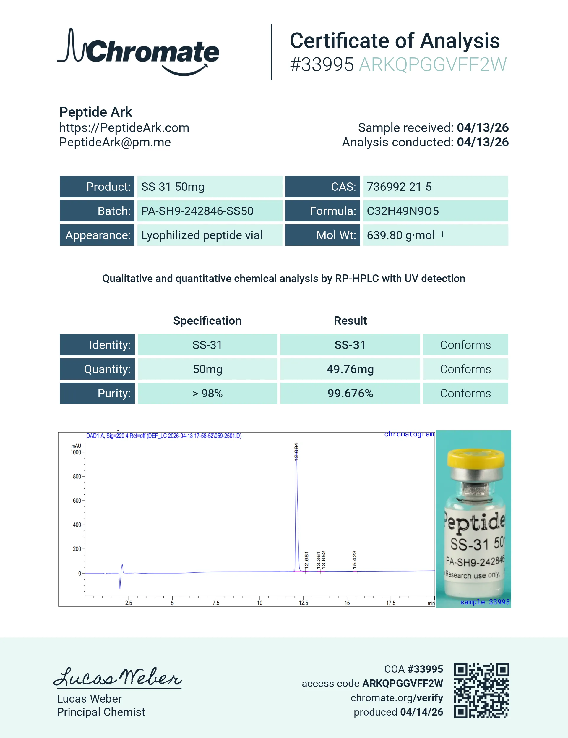 SS-31 50 mg - Certificate of Analysis